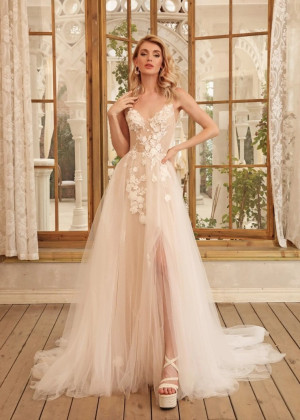 V Neck Beaded Lace Tulle Slit Wedding Dress